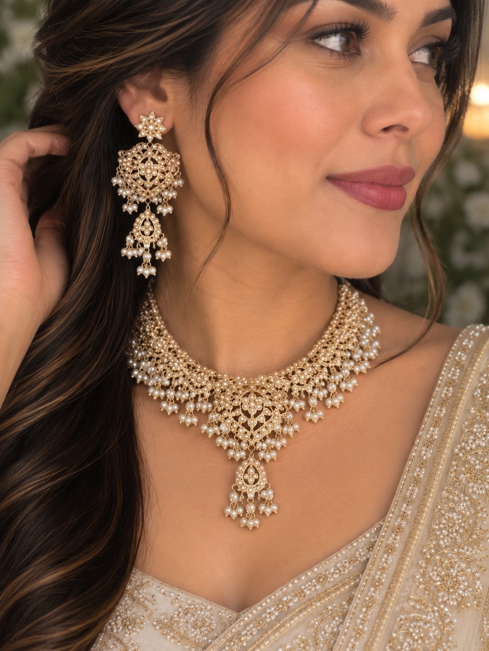Gold Pearl Filigree Choker Necklace and Earrings Set